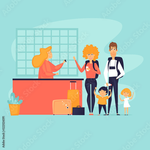 Traveling with children, check-in at the hotel, reception. Flat design vector illustration.