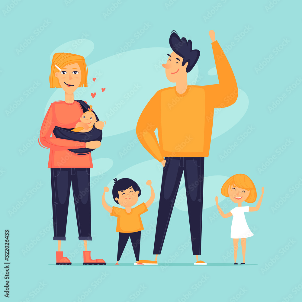 Large family, parents with children. Flat design vector illustration. Large family, parents with children. Flat design vector illustration.