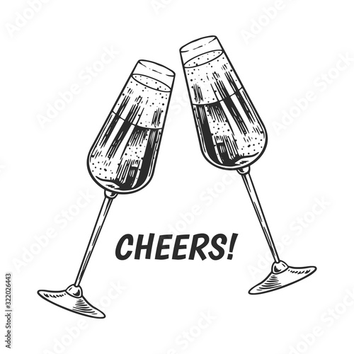 Cheers toast. Clink glasses of champagne or sparkling wine in hand. Celebration concept. Grape alcoholic drink. Vintage badge. Splashing alcohol Template Label. Semi sweet dry drink. Drawn engraved.