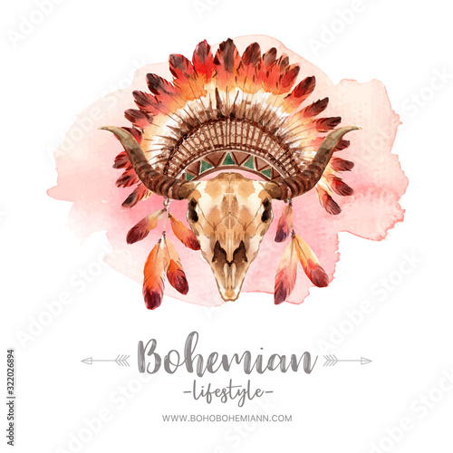Bohemian wreath design with feather headdress, cow skull watercolor illustration,