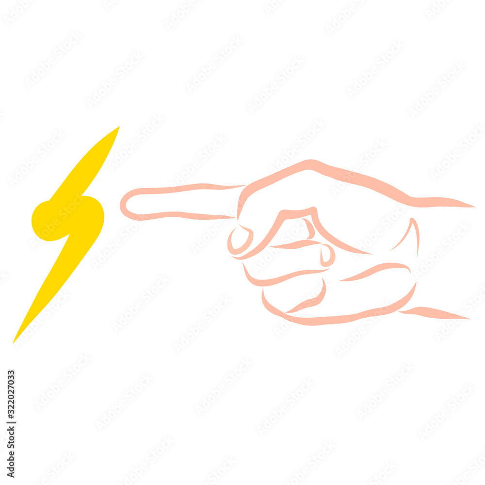 forefinger points to lightning, sketch on a white background forefinger points to lightning, sketch on a white background