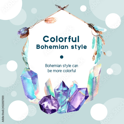 Bohemian wreath design with crystal, arrow watercolor illustration,