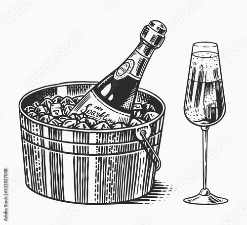 Sparkling wine champagne or bubbly or fizz. Alcoholic carbonated drink, glass wineglass and bottle and ice bucket. Hand Drawn engraved sketch for bar, restaurant menu.