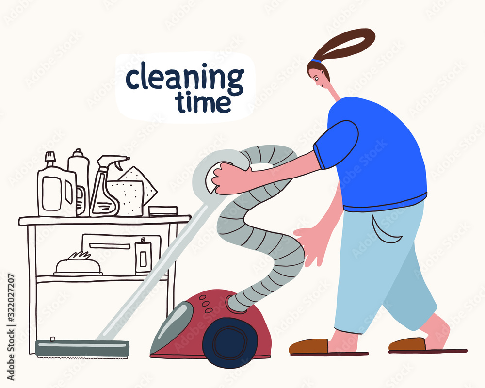 vector illustration of a housewife cleaning a room, house, apartment. Vacuum cleaner, detergents, advertising cleaning company, cleaning products for the house