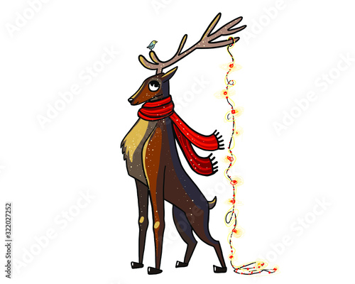 vector illustration deer, elk, Christmas deer, Santa Claus deer, beautiful antlers, winter, holiday card, magic, new year's eve, Christmas garland, Christmas tree decoration on the deer.Cartoon animal