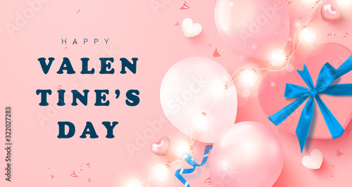 Happy Valentine's Day card. Vector illustration with balloons, gift box, hearts, garlands and streamers. Holiday background for postcard, banner, poster and other design