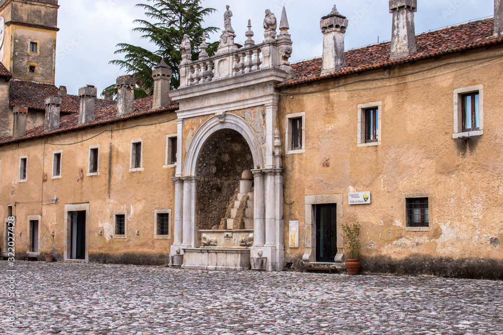 Padula, Salerno, Campania, Italy - May 21, 2017: Facade of the external court in the Certosa di San Lorenzo