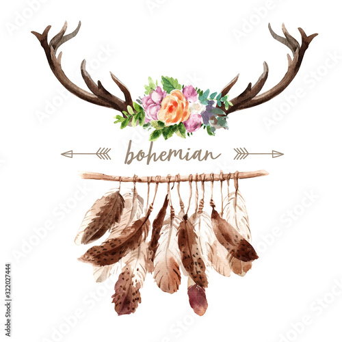 Bohemian wreath design with antler, flower watercolor illustration,