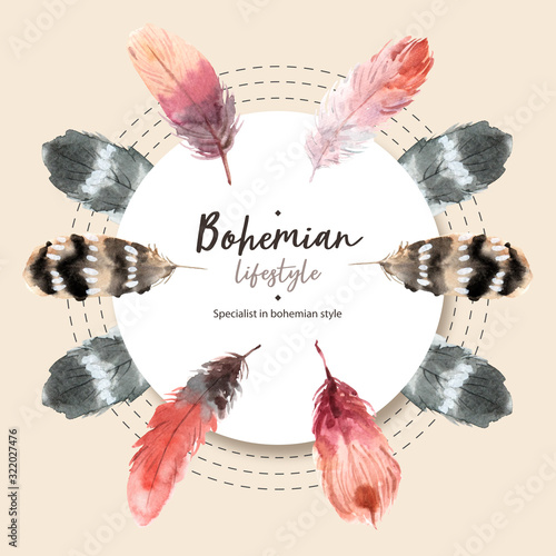 Bohemian wreath design with various feathers watercolor illustration,