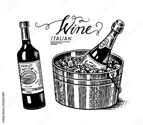 Sparkling wine champagne. Alcoholic drink, glass bottle and ice bucket. Hand Drawn engraved sketch for bar, restaurant menu.