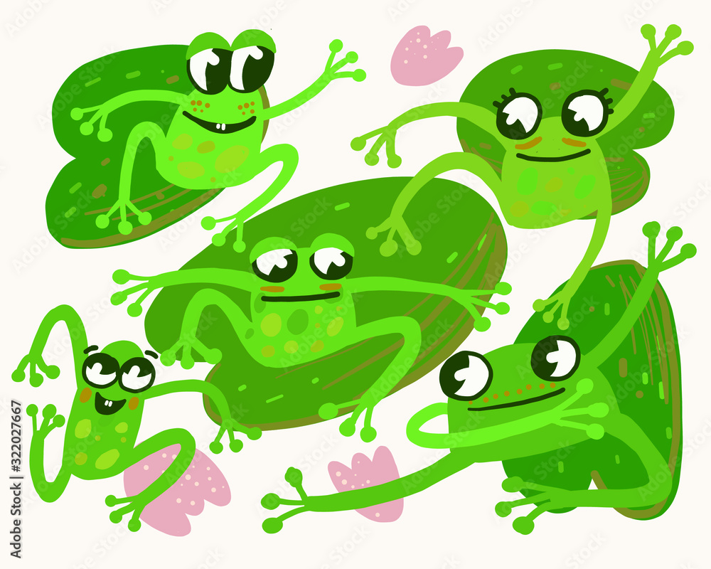 vector illustration of five frogs in a swamp, poses of funny funny frogs. Toad's girlfriends are having fun. Illustration for books, postcards and the Internet, a selection of frogs vector illustration of five frogs in a swamp, poses of funny funny frogs. Toad's girlfriends are having fun. Illustration for books, postcards and the Internet, a selection of frogs