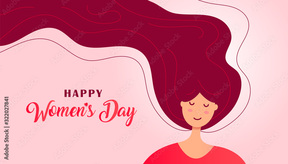 Creative Womens Day greeting card with cute face of a woman or girl with flying hair and greeting text on a white background. Vector illustration