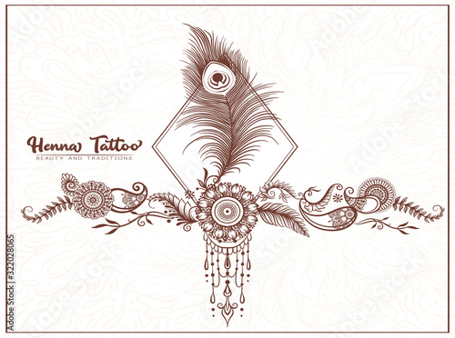 Template design with traditional indian henna tattoo with peacock feather. Template for wedding invitation, greeting card, banner, gift voucher, label. Vector illustration..