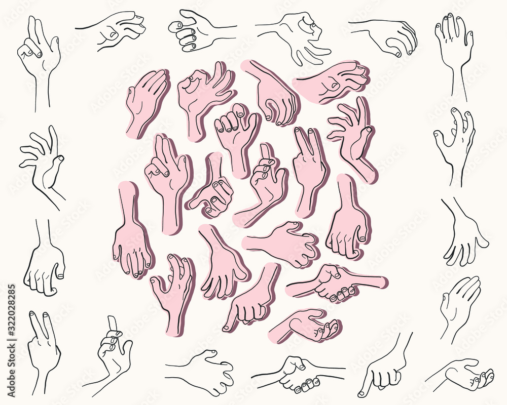 vector image set of hand positions, hand positions, bent fingers, sign language, hand contour for the character vector image set of hand positions, hand positions, bent fingers, sign language, hand contour for the character