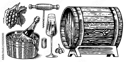 Sparkling wine champagne set. Alcoholic drink in the hand, bottle and glass Cheers, ice bucket, wooden barrel. Grapes Corkscrew Olives Cork. Drawn engraved sketch for bar, restaurant menu.