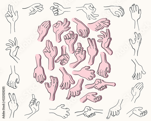 Fototapeta Naklejka Na Ścianę i Meble -  vector image set of hand positions, hand positions, bent fingers, sign language, hand contour for the character