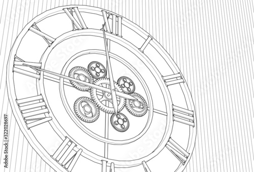 clock, mechanism, sketch, 3d illustration