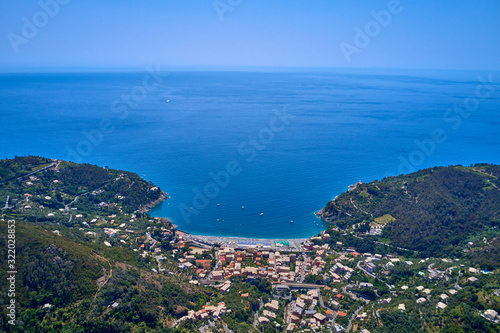 Fototapeta Naklejka Na Ścianę i Meble -  Aerial photography with drone. Panoramic view of the Ligurian coast. The resort town of Bonassola Spezia, Italy.