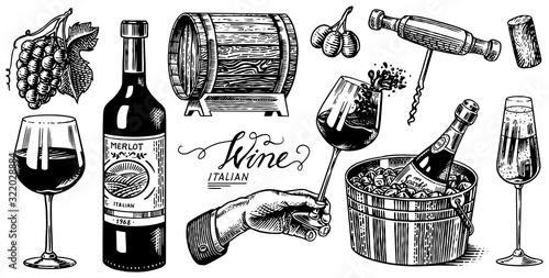 Wine set. Alcoholic drink in the hand. Sparkling champagne, bottle and glass Cheers, ice bucket, wooden barrel. Grapes Corkscrew Olives Cork. Drawn engraved sketch for bar, restaurant menu.