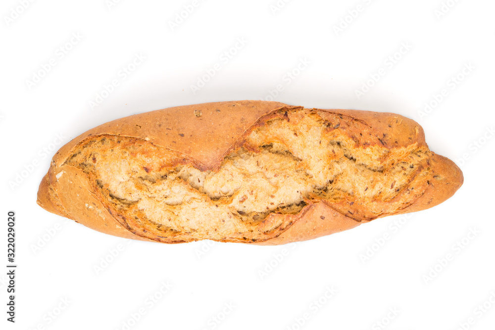 homemade golden bread with different seeds isolated on white background. top view