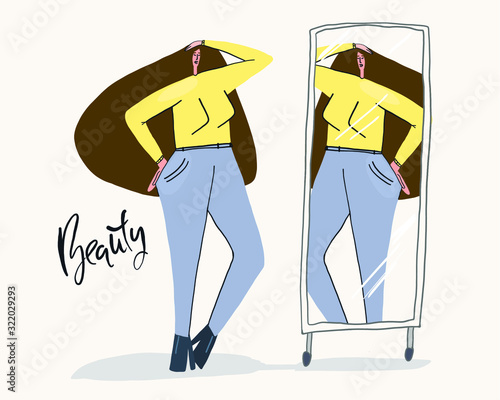 vector illustration of a beautiful girl admiring the reflection in the mirror, beauty in the store in the fitting room. Illustration of a stylized comic book for business