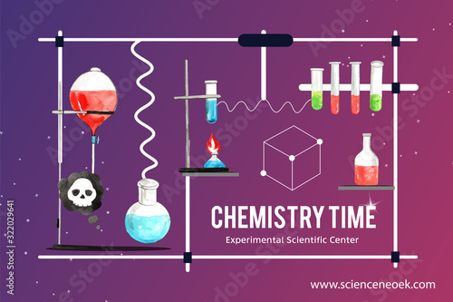 Science frame design with laboratory supplies watercolor illustration.