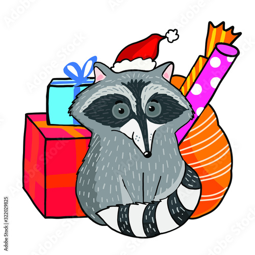 Festive little raccoon, celebrates Christmas, lots of gifts, holiday, vector postcard