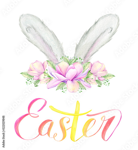 The ears of the Easter Bunny  flowers. Watercolor concept  on an isolated background.