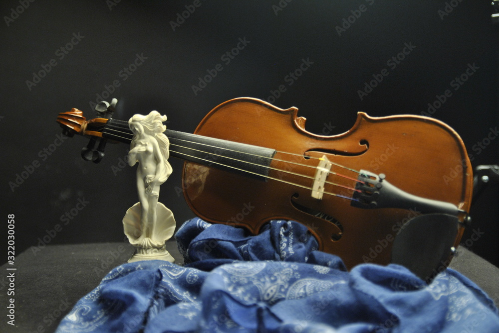 violín, estatua venus y fular - obrazy, fototapety, plakaty 