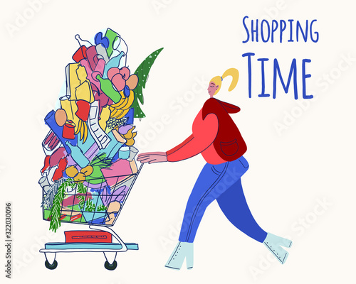 vector illustration of a woman in a supermarket bought products for the holiday, carries a mountain of products in a cart. Picture for your online profiles and business