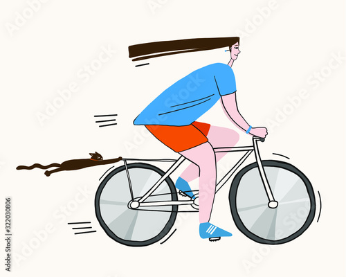 vector illustration of a cyclist in motion, high speed on a Bicycle with a cat. an athlete on a Bicycle race or a losing weight woman. Illustration stylized for the Internet
