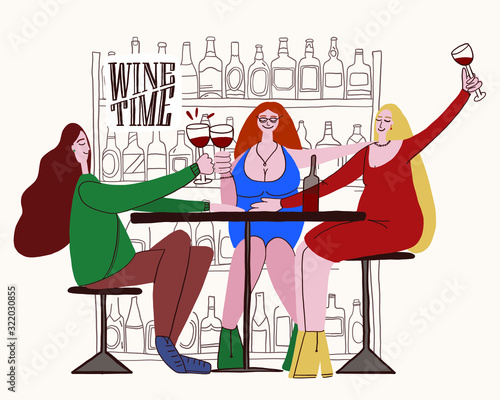 vector illustration, postcard, comic characters funny girls girlfriends in a bar or restaurant celebrate a bachelorette party. they drink wine and rejoice