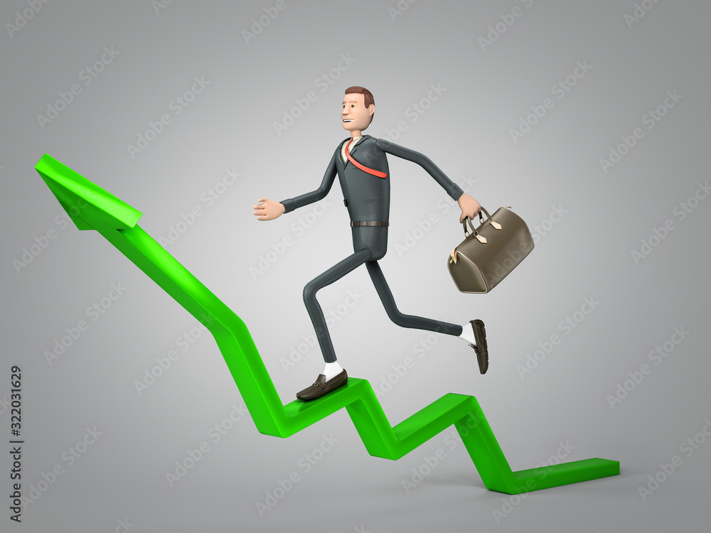 Fototapeta premium business development concept businessman in a suit runs up the rising arrow as if on stairs 3d render on grey gradient