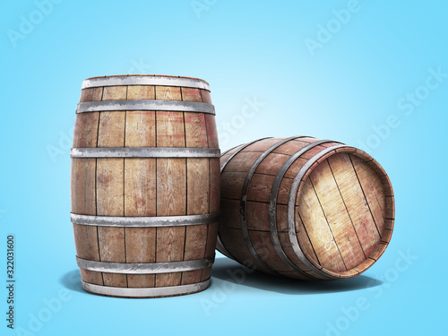 Wooden barrels for wine or wiskey 3d illustration on blue gradient