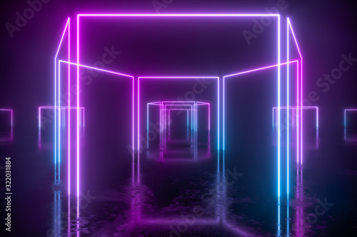 Geometric figures and neon lights abstract conception 3d rendering.