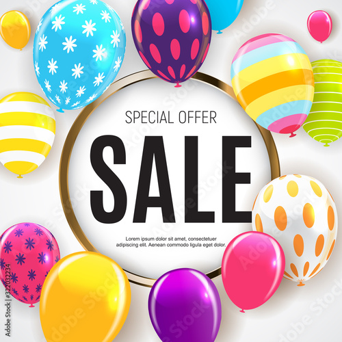 Sale banner with floating balloons. Vector illustration