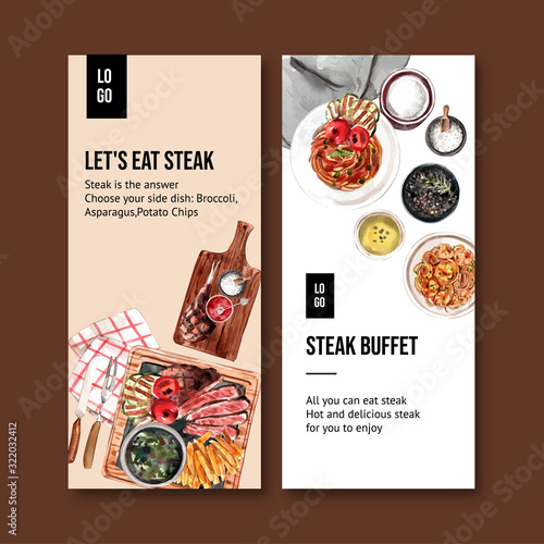 Steak flyer design with steak, spaghetti watercolor illustration.