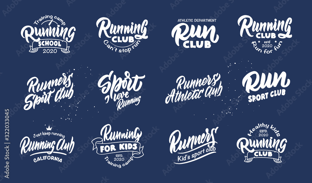 Set of vintage Sport and Run phrases. Sport white emblem, badges, templates and stickers for Running club