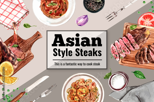 Steak frame design with grilled meat, spaghetti, tomato watercolor illustration.
