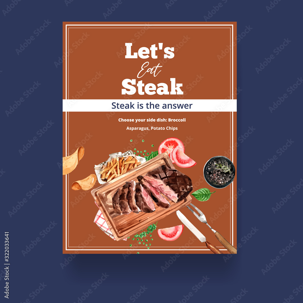 Φωτογραφία Steak poster design with french fries, grilled meat watercolor illustration