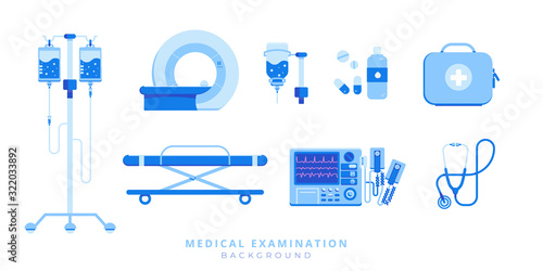 Emergency medical care equipment set of stretcher, defibrillator, injection, MRI, stethoscope, first aid kit isolated on white background