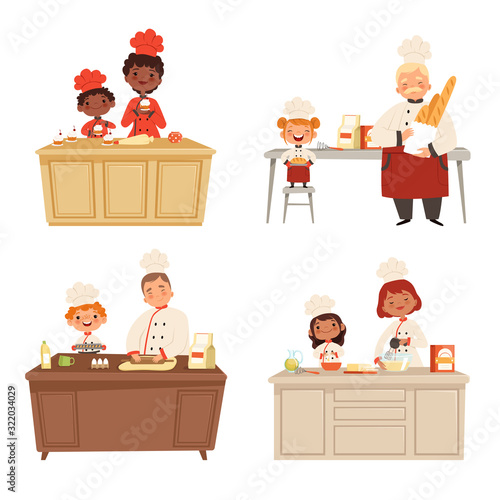 Kids cooking. Chef uniform making food with adults cook male and female professional peoples vector characters. Cooking chef with children boy girl, food cooked illustration