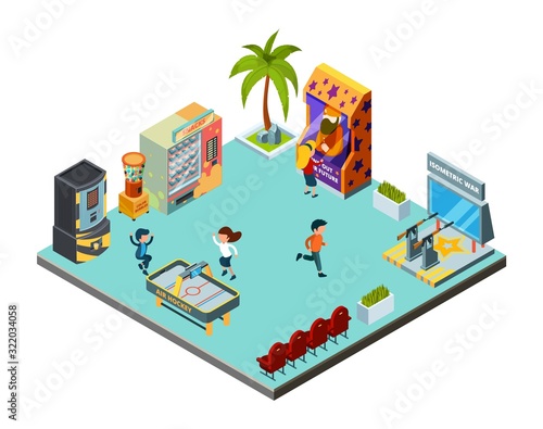 Game zone concept. Game center, kids room with playing game machines arcade simulator racer hockey shooting range vector isometric location. Illustration playroom, playground with recreation game