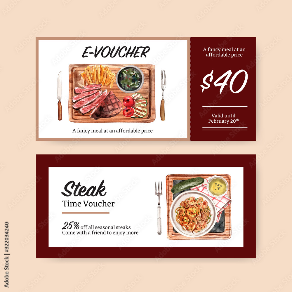 Steak voucher design with french fries, steak watercolor illustration. Steak voucher design with french fries, steak watercolor illustration.