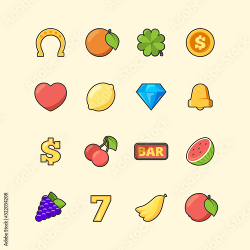 Casino icon. Slot machine gambling colored symbols jackpot diamond coins cherry bananas vector pictures. Casino gambling slot symbol, jackpot money and cherry icon illustration