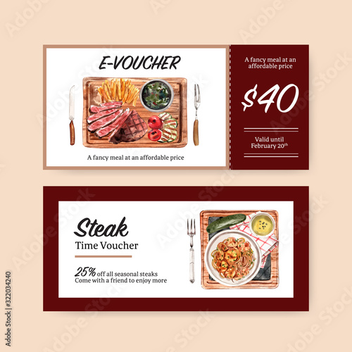 Steak voucher design with french fries, steak watercolor illustration.
