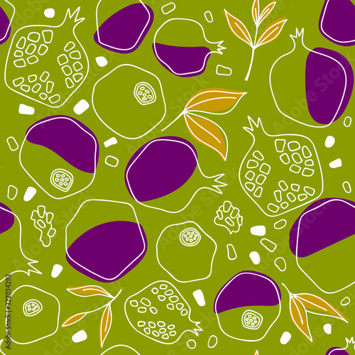 Seamless bright pattern of half, whole garnet fruit. Hand drawn concept for web, print posters, textile, children clothes, linens dress, fabric in flat style. Vector illustration background. 