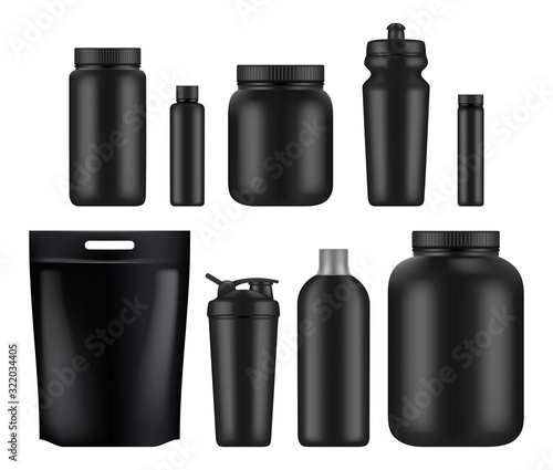 Sport nutrition. Fitness whey plastic jar and bottles power food for supplements gym athletes blank vector mockup. Container fitness protein, drink nutrition illustration