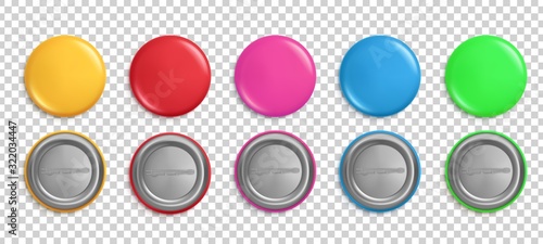 Pin buttons. Round badges, circle glossy colorful magnets. Pink, red and yellow realistic isolated vector pins mockup. Button pin template, blank label souvenir illustration