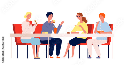Friends eating. Happy people meeting and have a dinner sitting at the table in restaurant or cafe vector characters. Illustration people meeting, happy sitting and have lunch